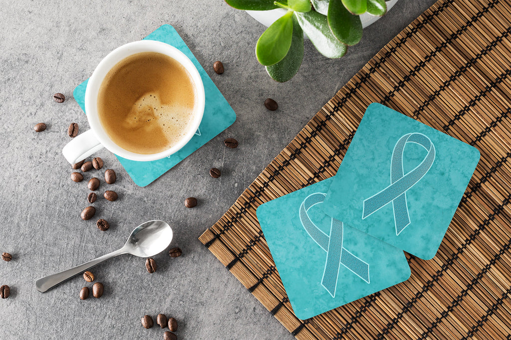 Teal Ribbon for Ovarian Cancer Awareness Foam Coasters Set of 4 Cup Coasters for Indoor Outdoor, Tabletop Protection, Anti Slip, Mouse pad Material