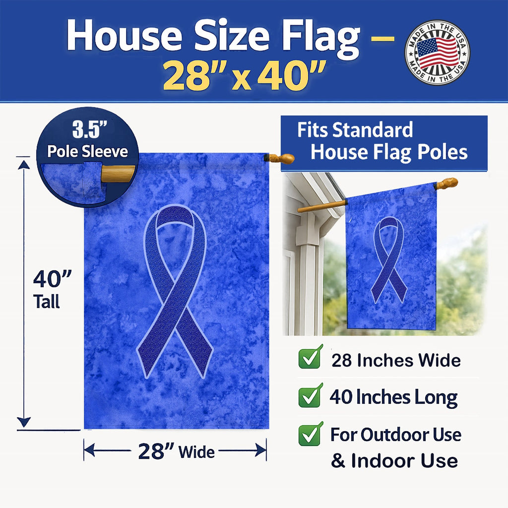 Dark Blue Ribbon for Colon Cancer Awareness House Flag 28x40 Porch Sleeve Pole Decorative Outside Yard Banner Artwork Wall Hanging, Polyester