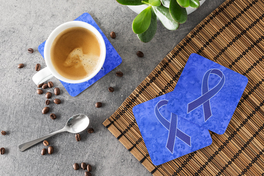 Dark Blue Ribbon for Colon Cancer Awareness Foam Coasters Set of 4 Cup Coasters for Indoor Outdoor, Tabletop Protection, Anti Slip, Mouse pad Material