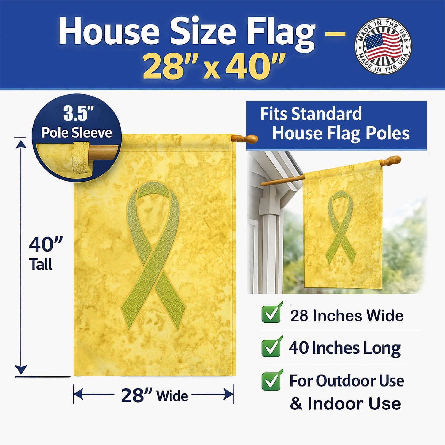 Yellow Ribbon for Sarcoma, Bone or Bladder Cancer Awareness House Flag 28x40 Porch Sleeve Pole Decorative Outside Yard Banner Artwork Wall Hanging, Polyester