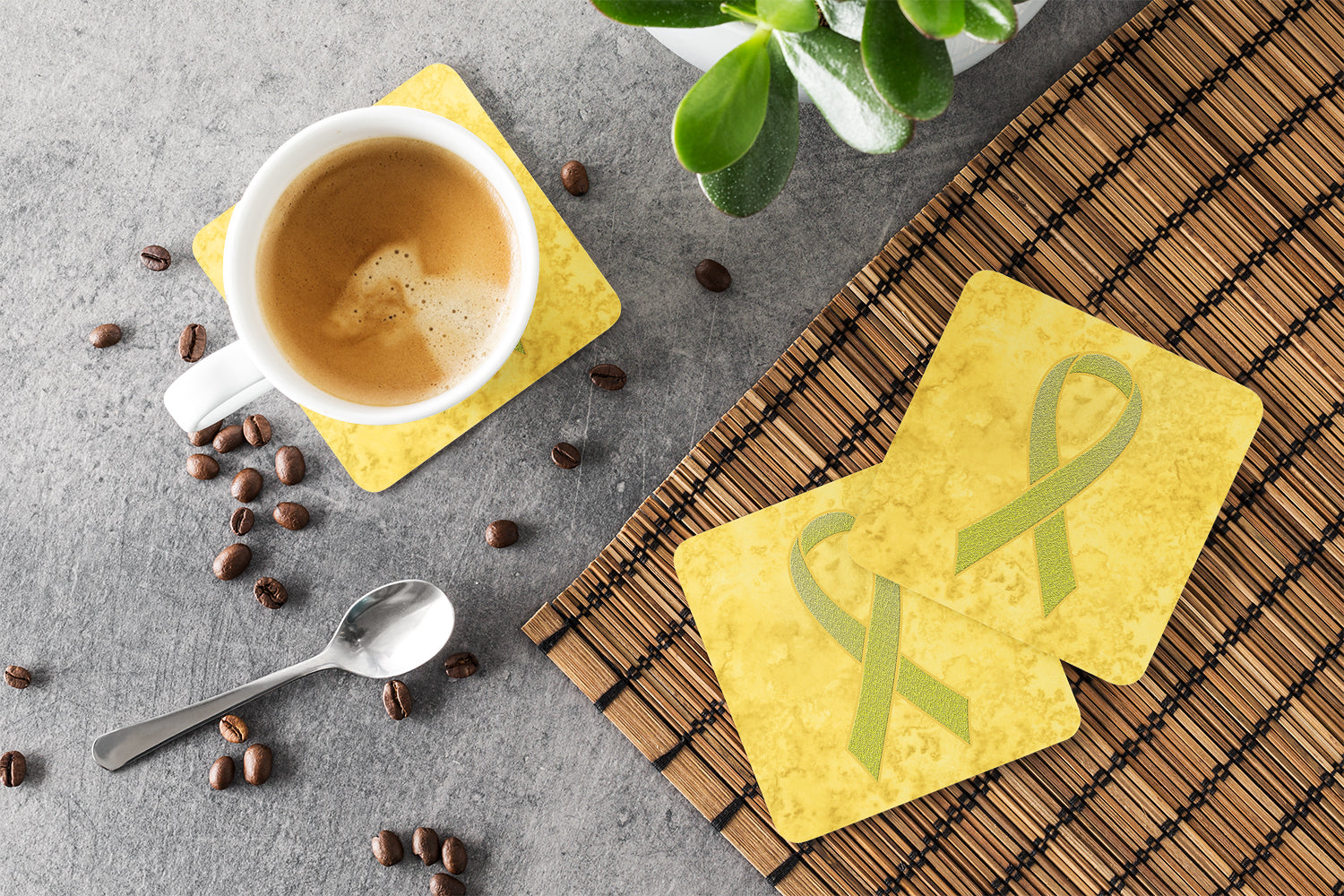 Yellow Ribbon for Sarcoma, Bone or Bladder Cancer Awareness Foam Coasters Set of 4 Cup Coasters for Indoor Outdoor, Tabletop Protection, Anti Slip, Mouse pad Material