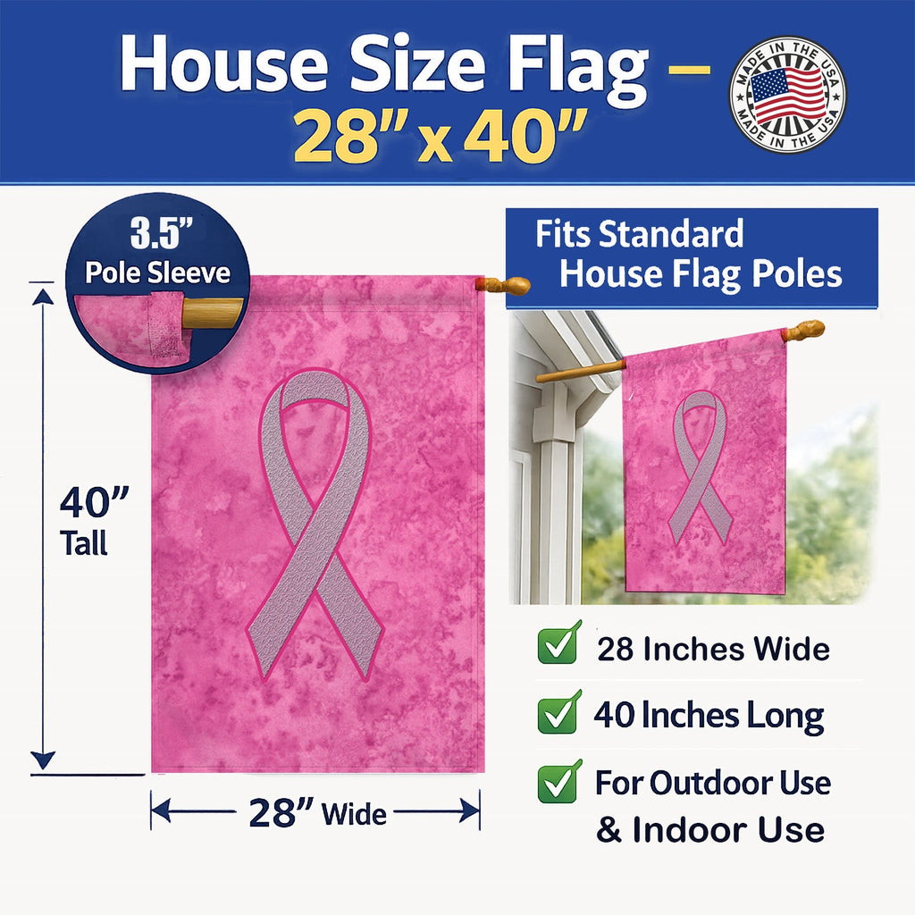 Pink Ribbon for Breast Cancer Awareness House Flag 28x40 Porch Sleeve Pole Decorative Outside Yard Banner Artwork Wall Hanging, Polyester