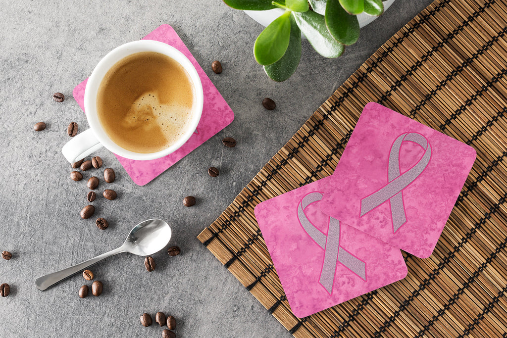 Pink Ribbon for Breast Cancer Awareness Foam Coasters Set of 4 Cup Coasters for Indoor Outdoor, Tabletop Protection, Anti Slip, Mouse pad Material