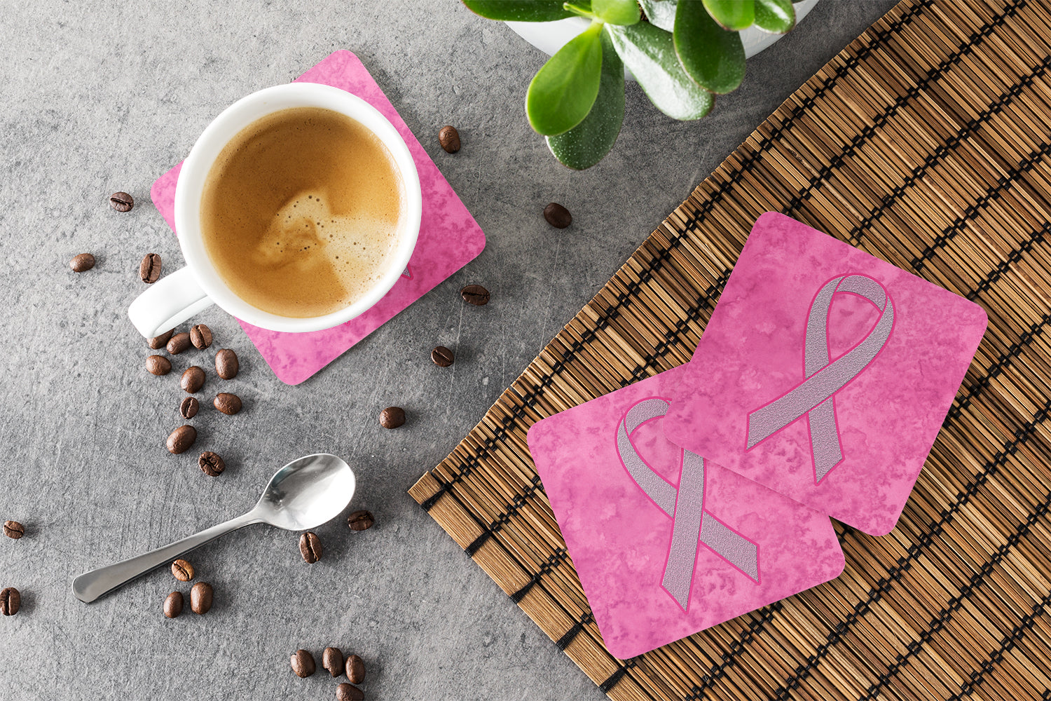 Pink Ribbon for Breast Cancer Awareness Foam Coasters Set of 4 Cup Coasters for Indoor Outdoor, Tabletop Protection, Anti Slip, Mouse pad Material