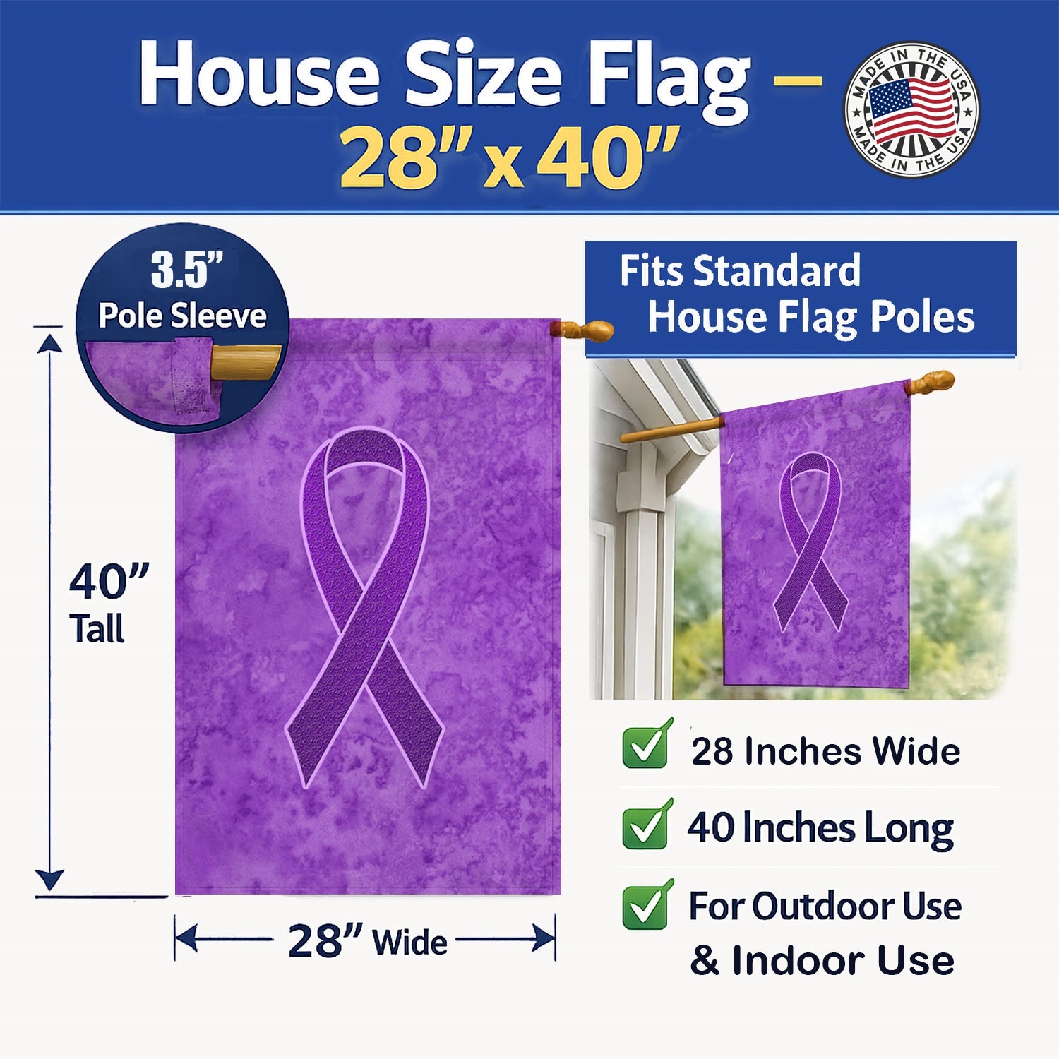 Purple Ribbon for Pancreatic and Leiomyosarcoma Cancer Awareness House Flag 28x40 Porch Sleeve Pole Decorative Outside Yard Banner Artwork Wall Hanging, Polyester
