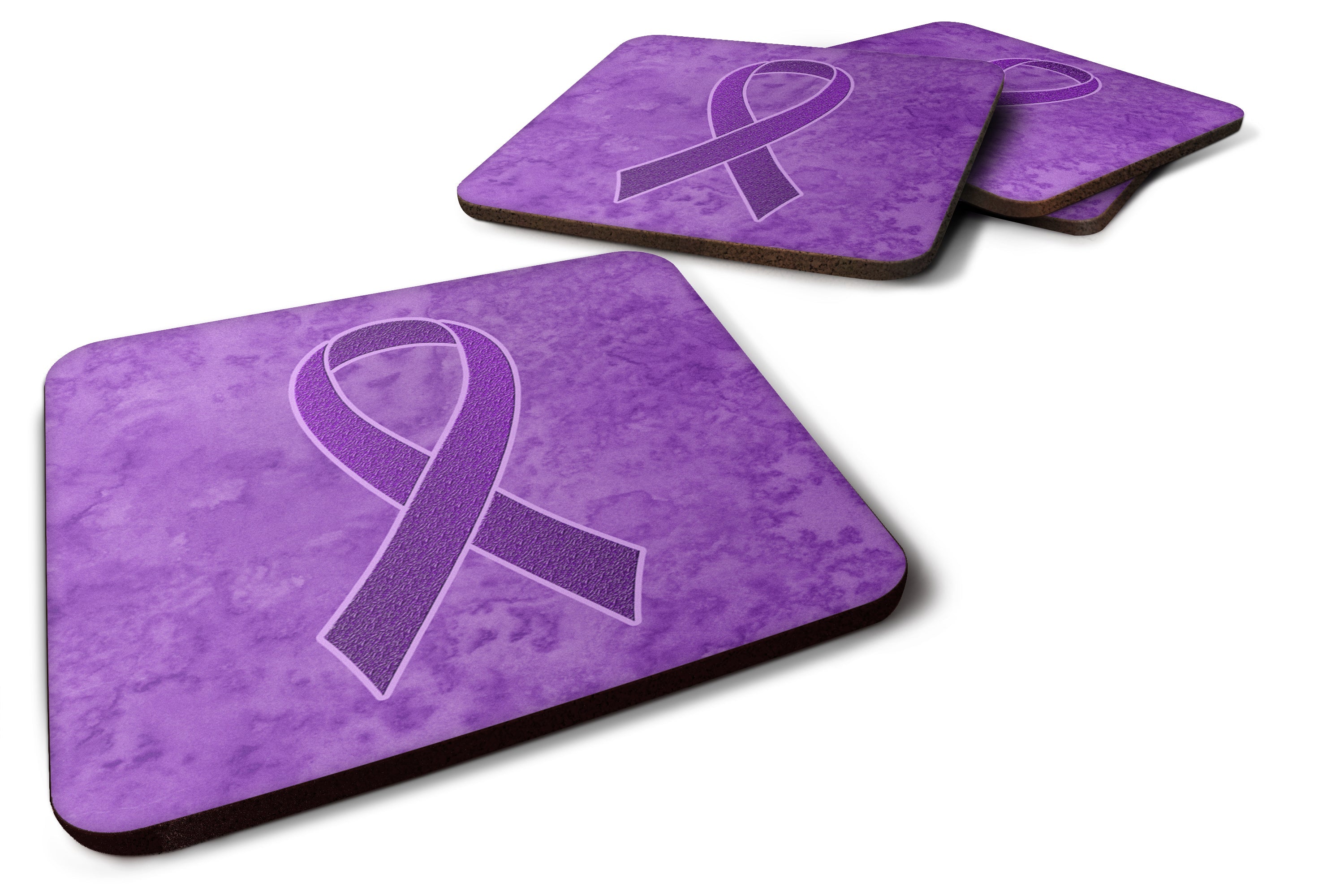 Purple Ribbon for Pancreatic and Leiomyosarcoma Cancer Awareness Foam Coasters Set of 4 Cup Coasters for Indoor Outdoor, Tabletop Protection, Anti Slip, Mouse pad Material