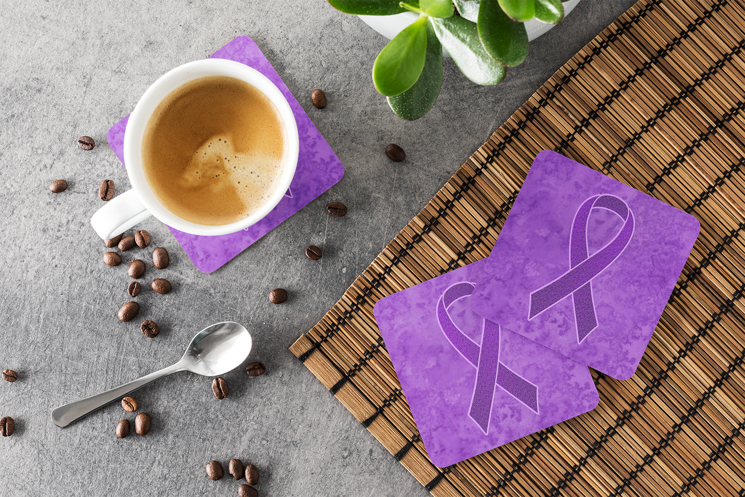 Purple Ribbon for Pancreatic and Leiomyosarcoma Cancer Awareness Foam Coasters Set of 4 Cup Coasters for Indoor Outdoor, Tabletop Protection, Anti Slip, Mouse pad Material
