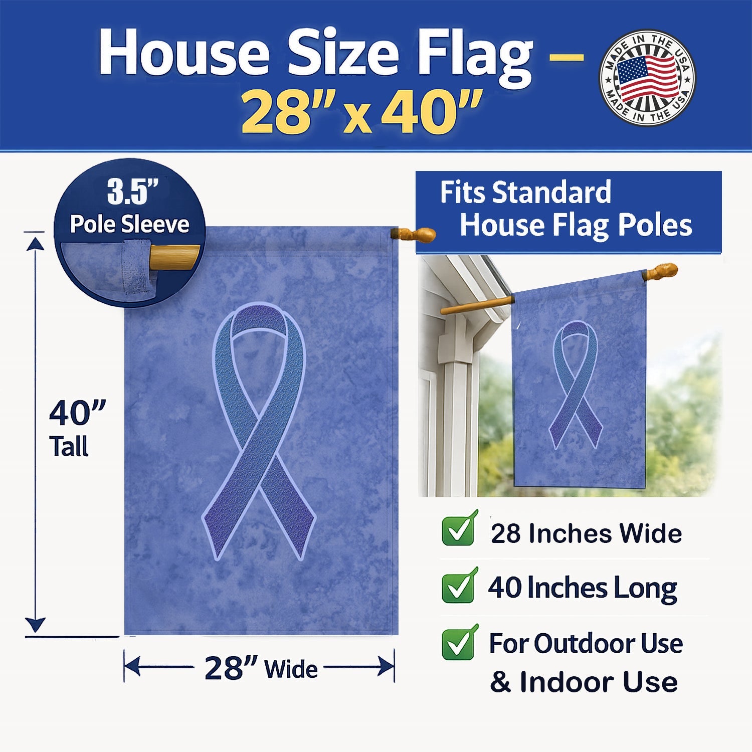 Periwinkle Blue Ribbon for Esophageal and Stomach Cancer Awareness House Flag 28x40 Porch Sleeve Pole Decorative Outside Yard Banner Artwork Wall Hanging, Polyester
