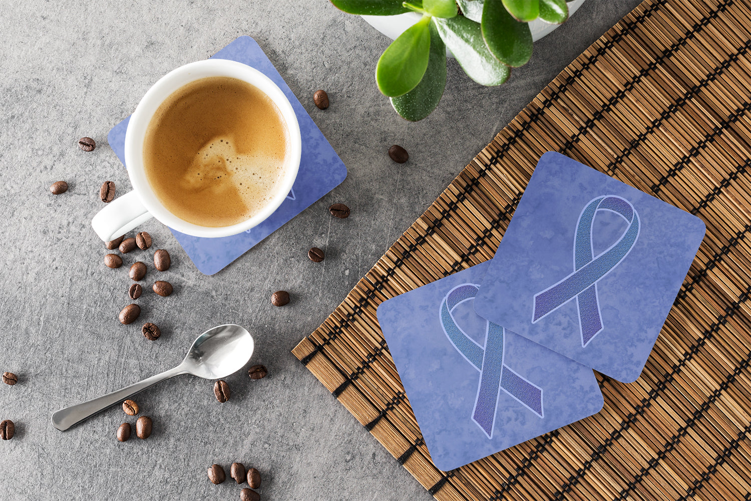 Periwinkle Blue Ribbon for Esophageal and Stomach Cancer Awareness Foam Coasters Set of 4 Cup Coasters for Indoor Outdoor, Tabletop Protection, Anti Slip, Mouse pad Material