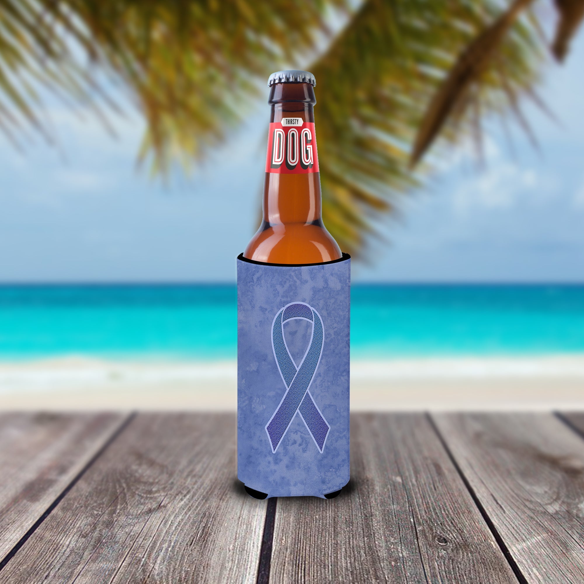 Periwinkle Blue Ribbon for Esophageal and Stomach Cancer Awareness Slim Can Hugger , Insulated Foam Hugger for 12 oz Slim Cans, Beer Bottles & Water Bottles, Printed in USA