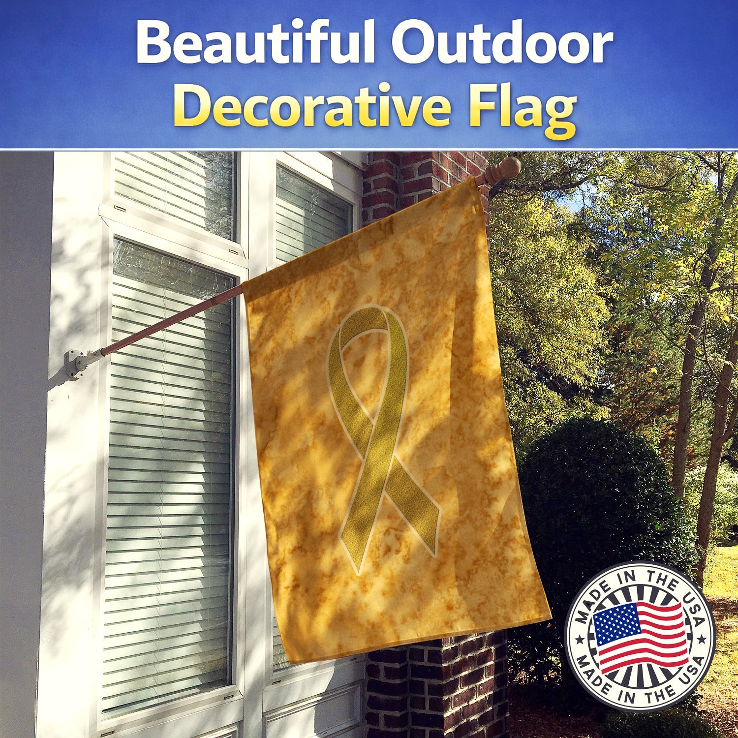 Gold Ribbon for Childhood Cancers Awareness House Flag 28x40 Porch Sleeve Pole Decorative Outside Yard Banner Artwork Wall Hanging, Polyester