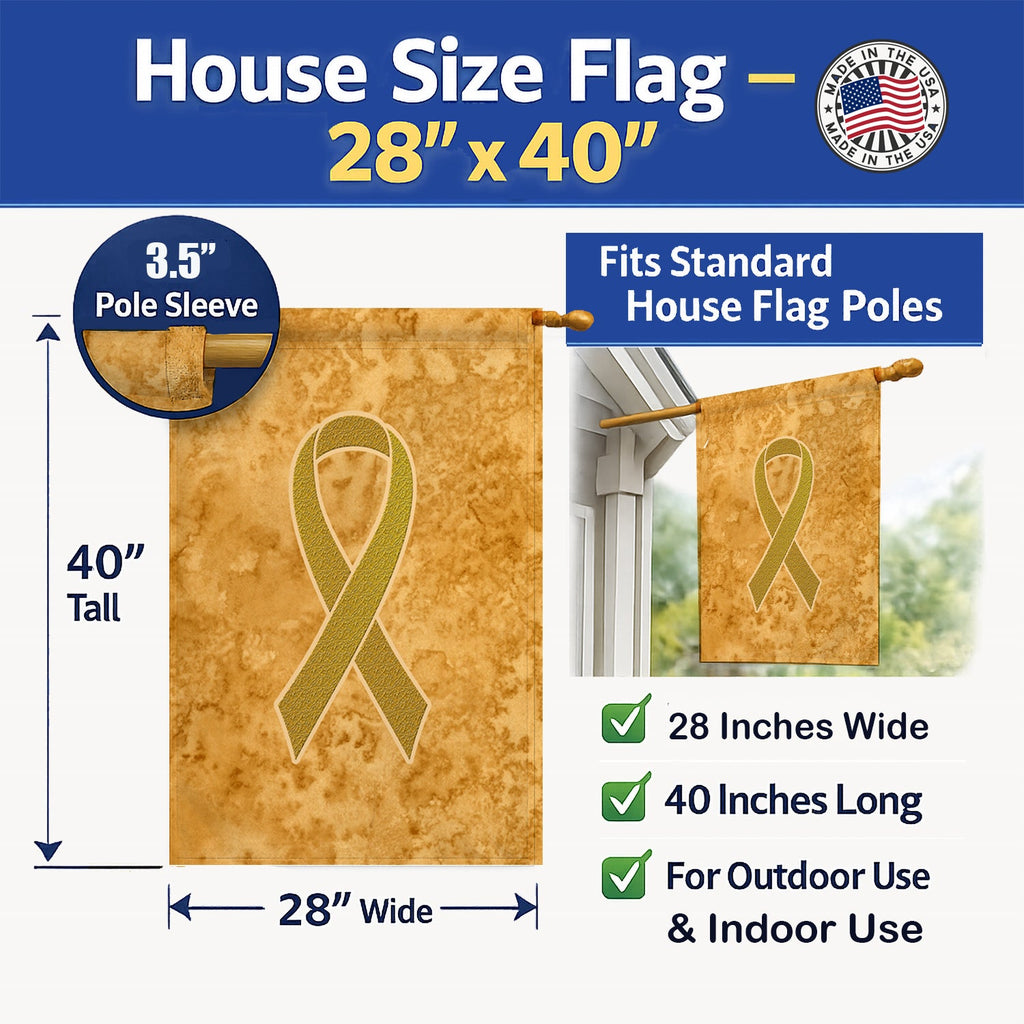Gold Ribbon for Childhood Cancers Awareness House Flag 28x40 Porch Sleeve Pole Decorative Outside Yard Banner Artwork Wall Hanging, Polyester
