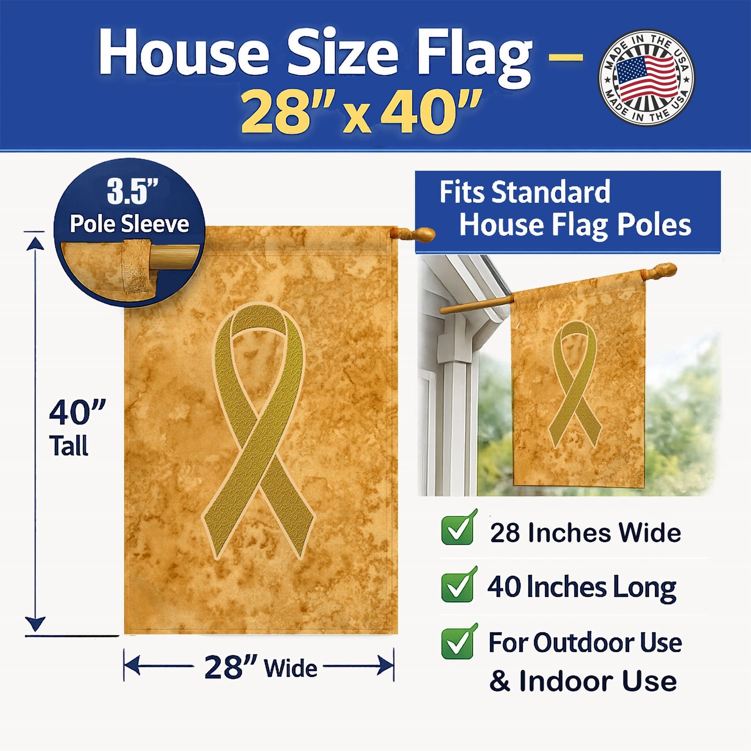 Gold Ribbon for Childhood Cancers Awareness House Flag 28x40 Porch Sleeve Pole Decorative Outside Yard Banner Artwork Wall Hanging, Polyester