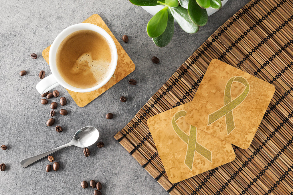 Gold Ribbon for Childhood Cancers Awareness Foam Coasters Set of 4 Cup Coasters for Indoor Outdoor, Tabletop Protection, Anti Slip, Mouse pad Material