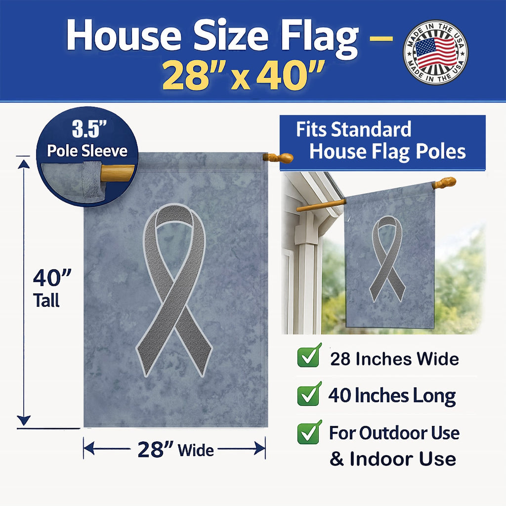 Grey Ribbon for Brain Cancer Awareness House Flag 28x40 Porch Sleeve Pole Decorative Outside Yard Banner Artwork Wall Hanging, Polyester