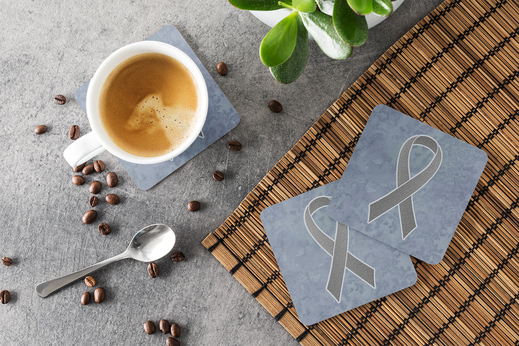 Grey Ribbon for Brain Cancer Awareness Foam Coasters Set of 4 Cup Coasters for Indoor Outdoor, Tabletop Protection, Anti Slip, Mouse pad Material