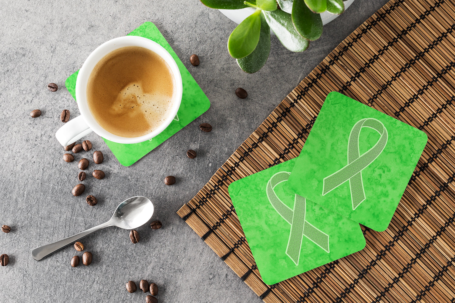 Lime Green Ribbon for Lymphoma Cancer Awareness Foam Coasters Set of 4 Cup Coasters for Indoor Outdoor, Tabletop Protection, Anti Slip, Mouse pad Material