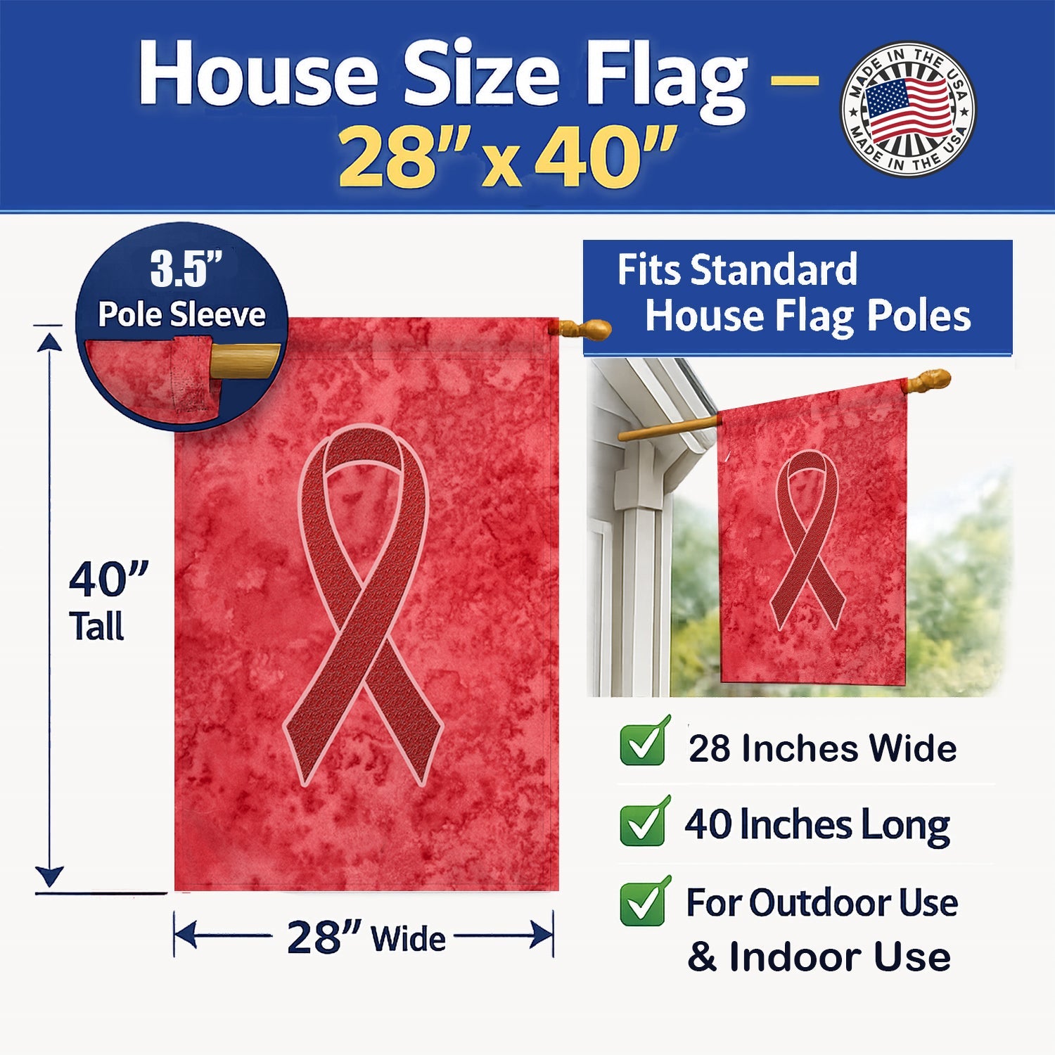Red Ribbon for Aids Awareness House Flag 28x40 Porch Sleeve Pole Decorative Outside Yard Banner Artwork Wall Hanging, Polyester