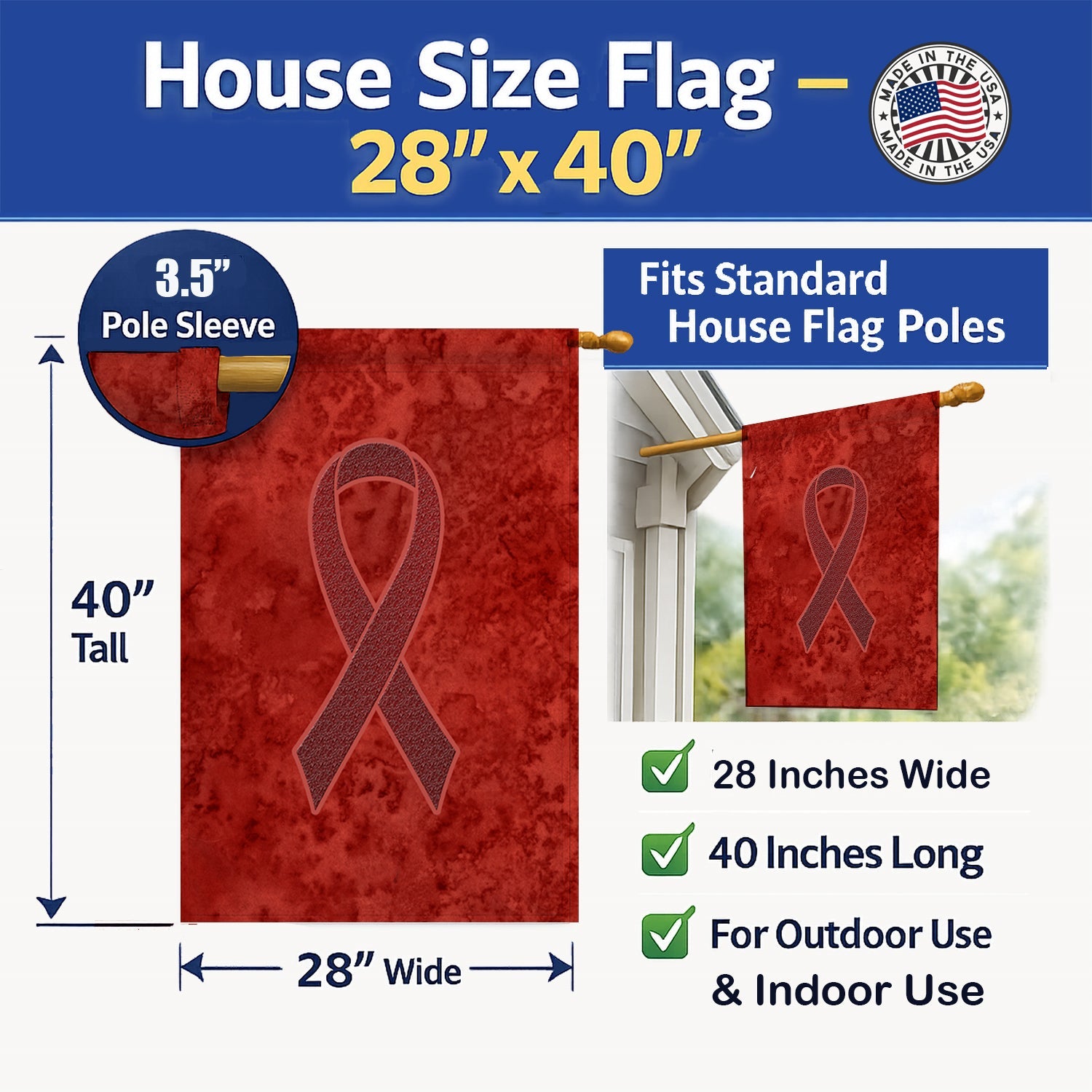 Burgundy Ribbon for Multiple Myeloma Cancer Awareness House Flag 28x40 Porch Sleeve Pole Decorative Outside Yard Banner Artwork Wall Hanging, Polyester