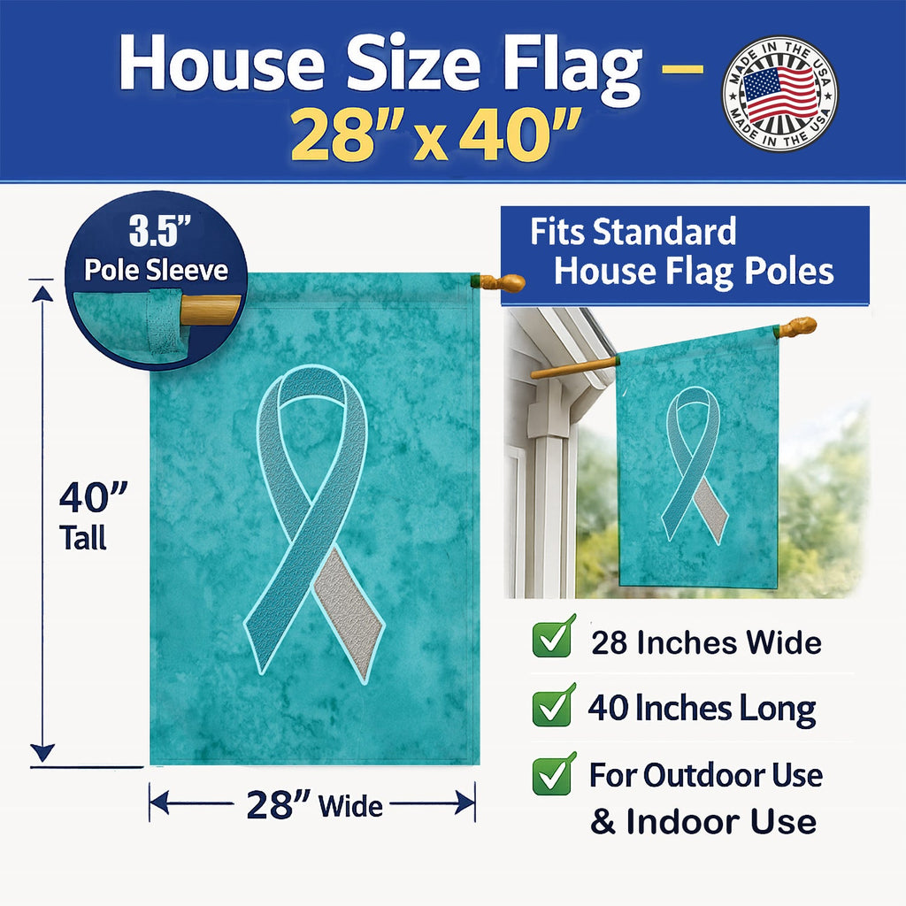 Teal and White Ribbon for Cervical Cancer Awareness House Flag 28x40 Porch Sleeve Pole Decorative Outside Yard Banner Artwork Wall Hanging, Polyester