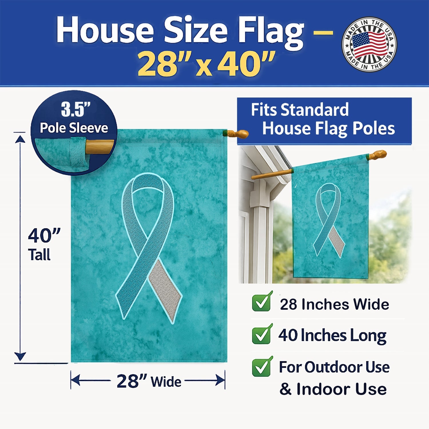 Teal and White Ribbon for Cervical Cancer Awareness House Flag 28x40 Porch Sleeve Pole Decorative Outside Yard Banner Artwork Wall Hanging, Polyester