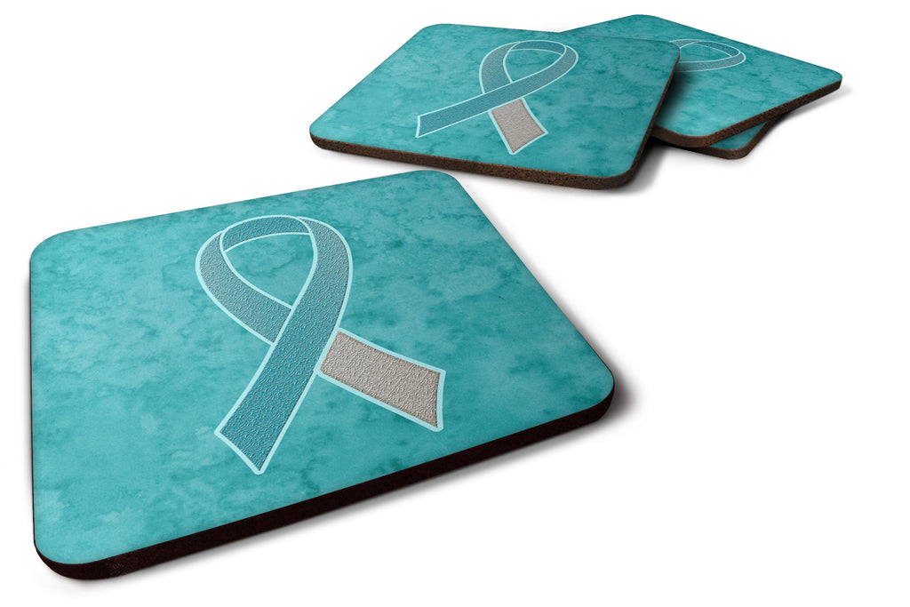 Teal and White Ribbon for Cervical Cancer Awareness Foam Coasters Set of 4 Cup Coasters for Indoor Outdoor, Tabletop Protection, Anti Slip, Mouse pad Material