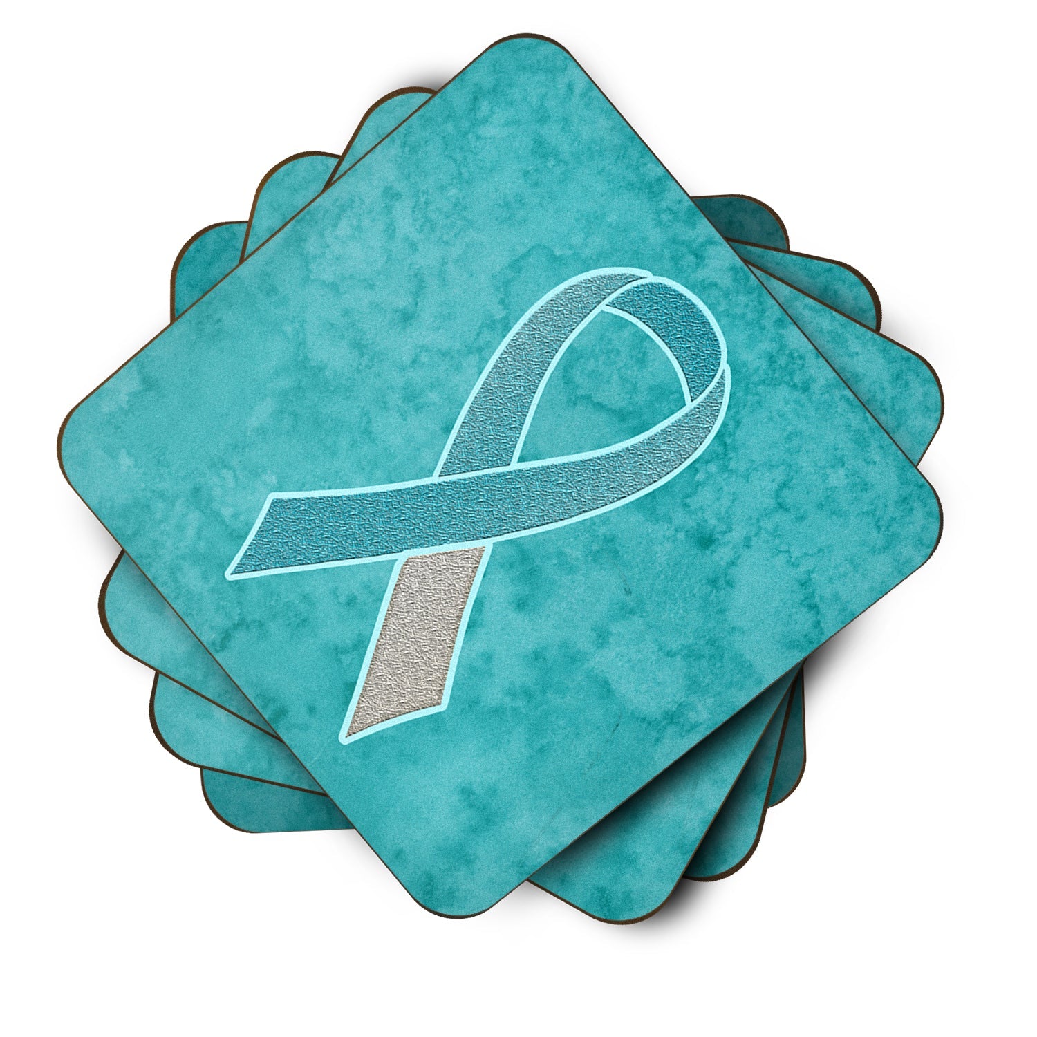 Teal and White Ribbon for Cervical Cancer Awareness Foam Coasters Set of 4 Cup Coasters for Indoor Outdoor, Tabletop Protection, Anti Slip, Mouse pad Material