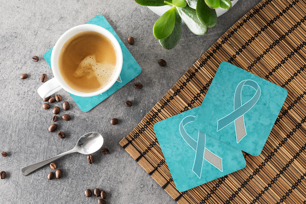 Teal and White Ribbon for Cervical Cancer Awareness Foam Coasters Set of 4 Cup Coasters for Indoor Outdoor, Tabletop Protection, Anti Slip, Mouse pad Material