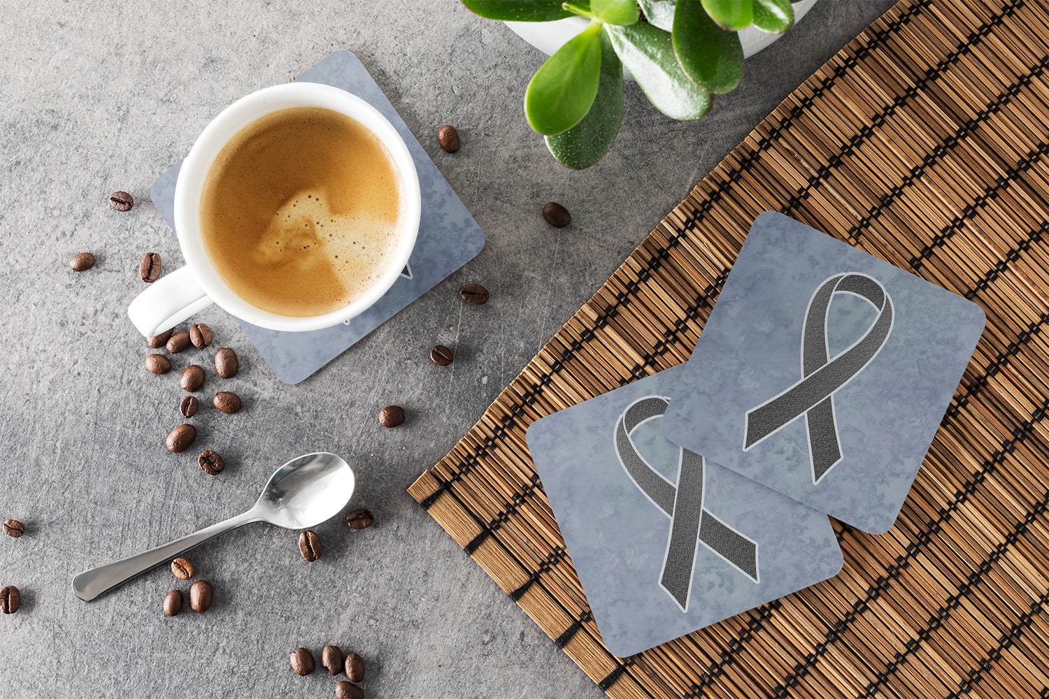 Black Ribbon for Melanoma Cancer Awareness Foam Coasters Set of 4 Cup Coasters for Indoor Outdoor, Tabletop Protection, Anti Slip, Mouse pad Material