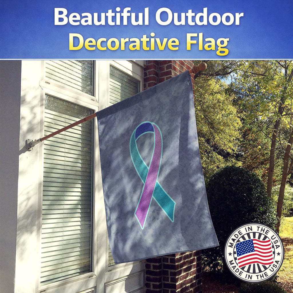Teal, Pink and Blue Ribbon for Thyroid Cancer Awareness House Flag 28x40 Porch Sleeve Pole Decorative Outside Yard Banner Artwork Wall Hanging, Polyester