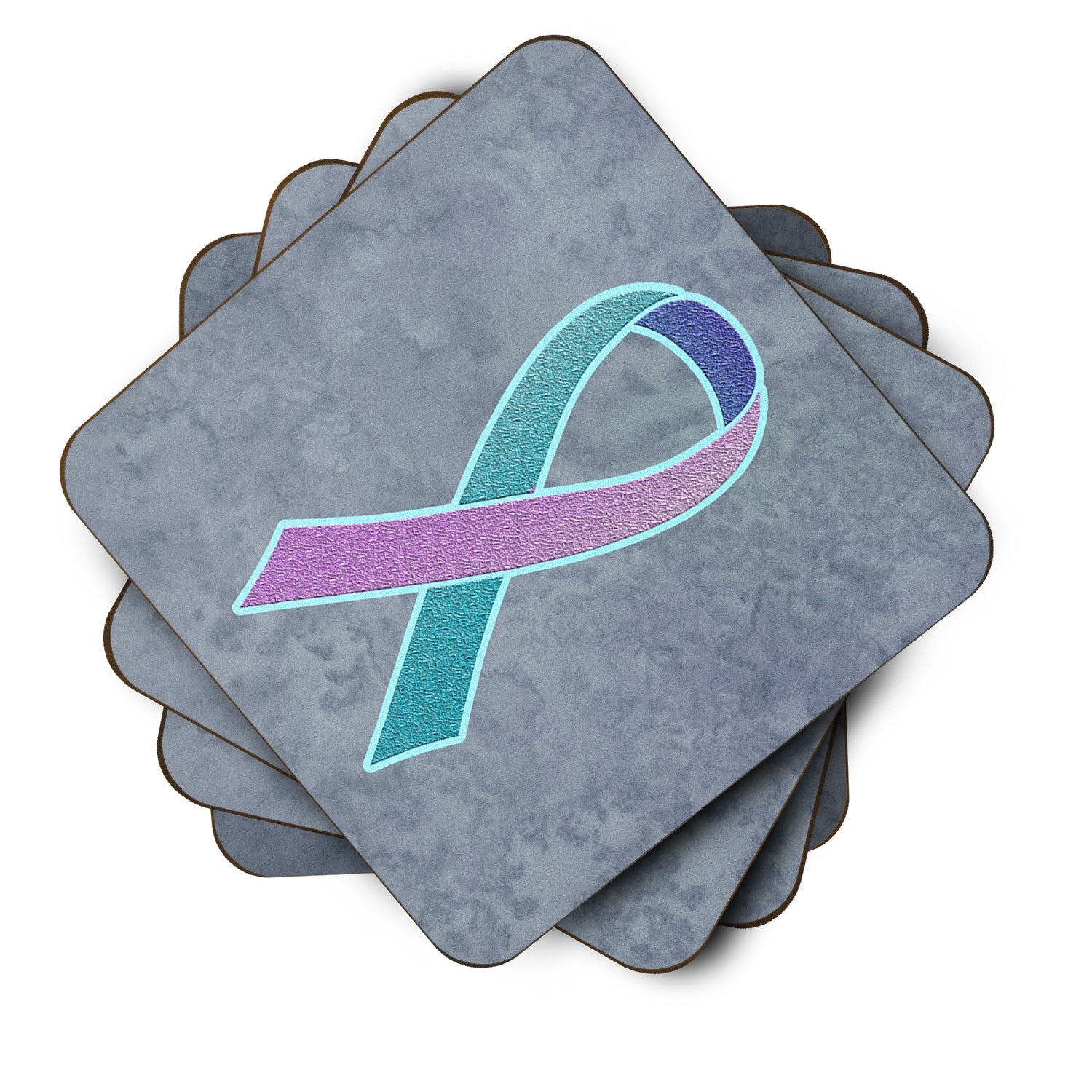 Teal, Pink and Blue Ribbon for Thyroid Cancer Awareness Foam Coasters Set of 4 Cup Coasters for Indoor Outdoor, Tabletop Protection, Anti Slip, Mouse pad Material