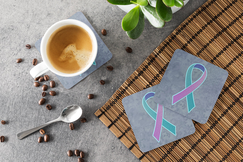 Teal, Pink and Blue Ribbon for Thyroid Cancer Awareness Foam Coasters Set of 4 Cup Coasters for Indoor Outdoor, Tabletop Protection, Anti Slip, Mouse pad Material