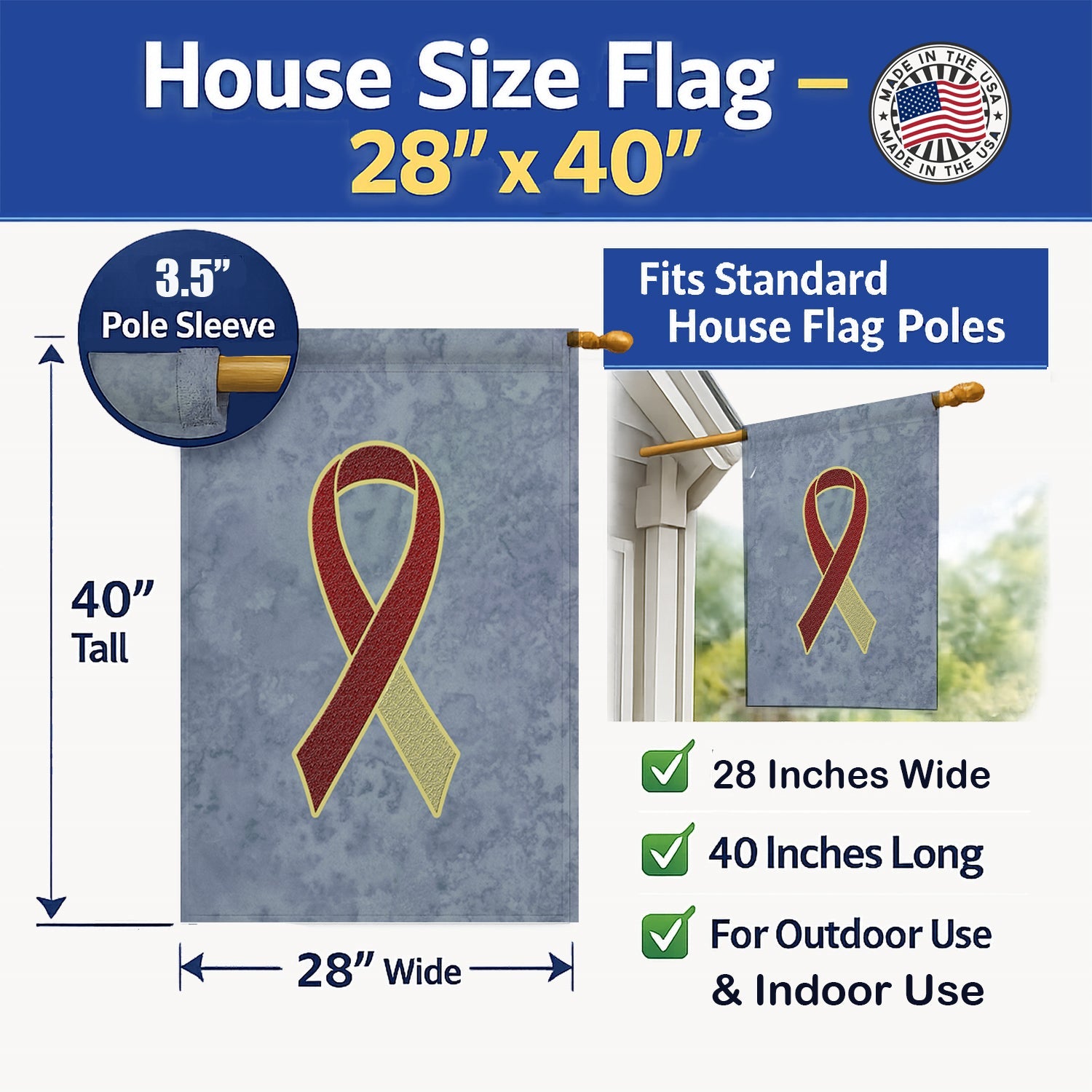 Burgundy and Ivory Ribbon for Head and Neck Cancer Awareness House Flag 28x40 Porch Sleeve Pole Decorative Outside Yard Banner Artwork Wall Hanging, Polyester