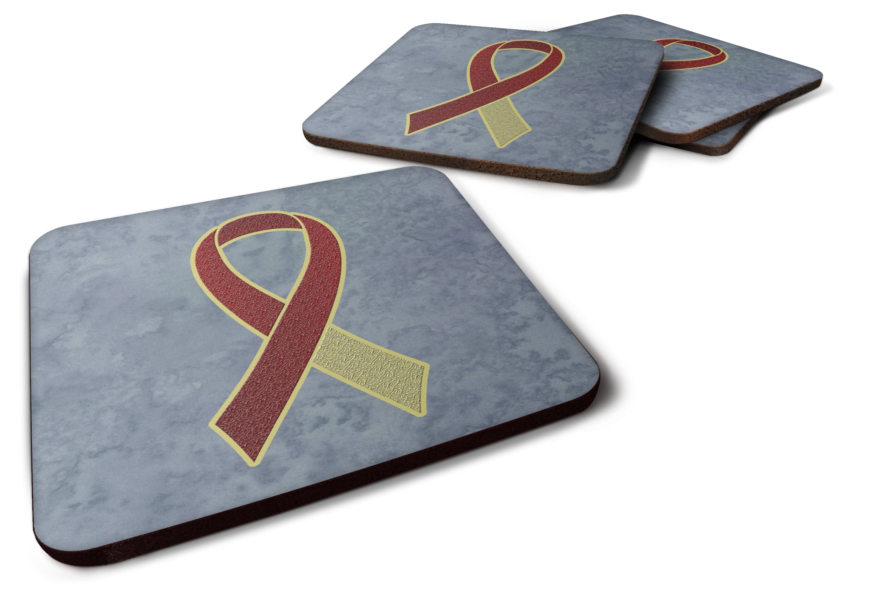 Burgundy and Ivory Ribbon for Head and Neck Cancer Awareness Foam Coasters Set of 4 Cup Coasters for Indoor Outdoor, Tabletop Protection, Anti Slip, Mouse pad Material