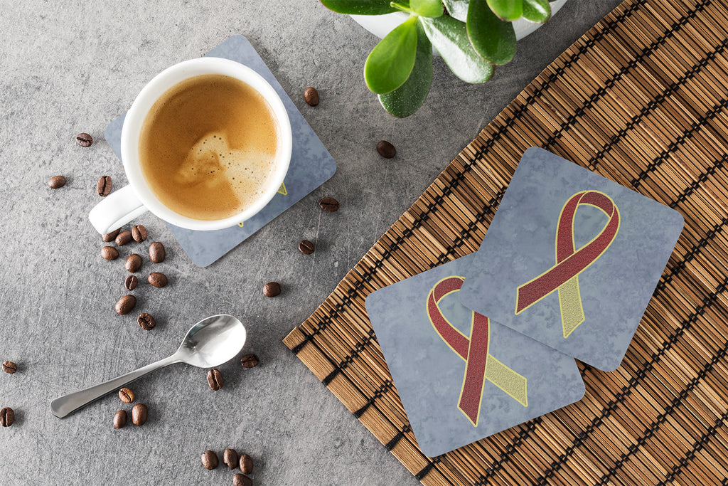 Burgundy and Ivory Ribbon for Head and Neck Cancer Awareness Foam Coasters Set of 4 Cup Coasters for Indoor Outdoor, Tabletop Protection, Anti Slip, Mouse pad Material
