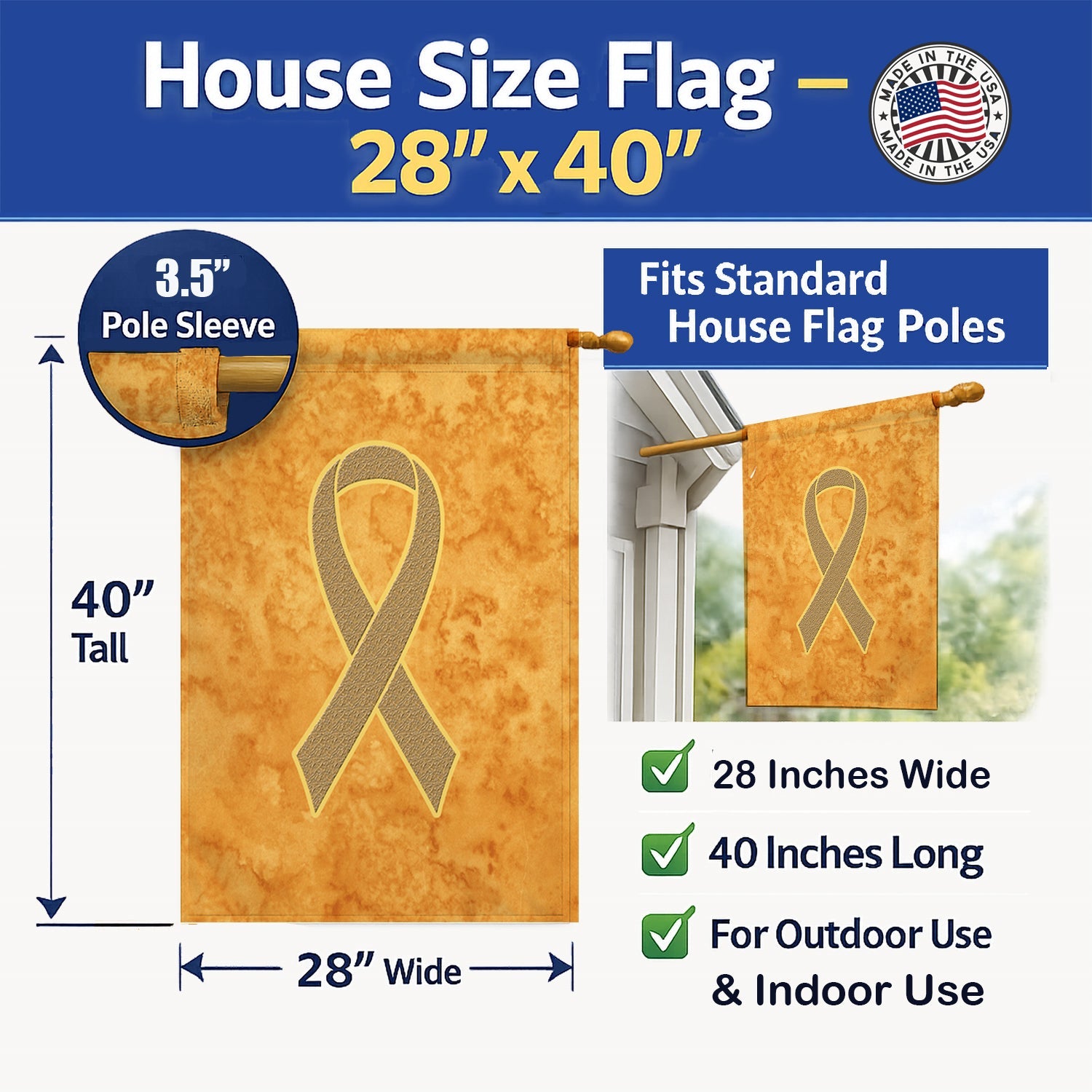 Peach Ribbon for Uterine Cancer Awareness House Flag 28x40 Porch Sleeve Pole Decorative Outside Yard Banner Artwork Wall Hanging, Polyester