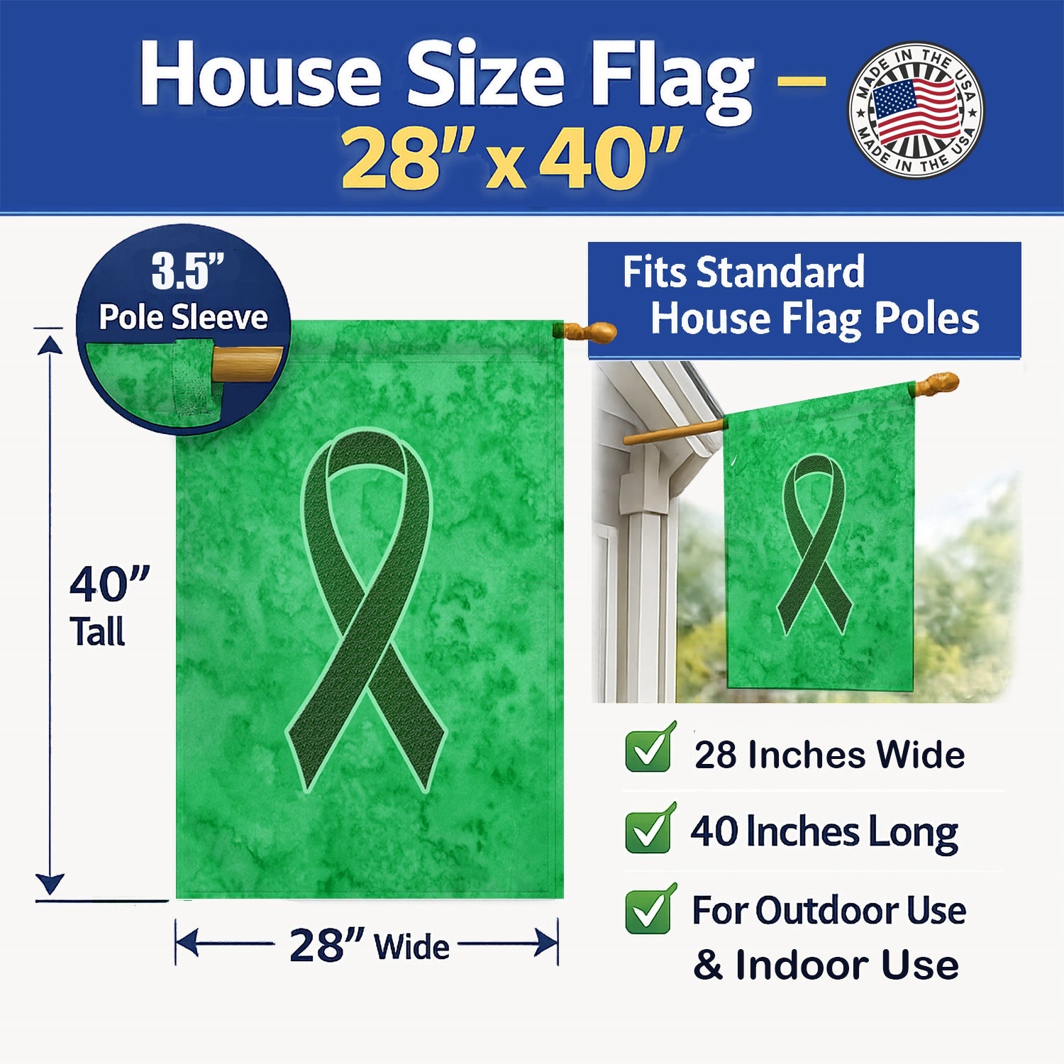 Emerald Green Ribbon for Liver Cancer Awareness House Flag 28x40 Porch Sleeve Pole Decorative Outside Yard Banner Artwork Wall Hanging, Polyester