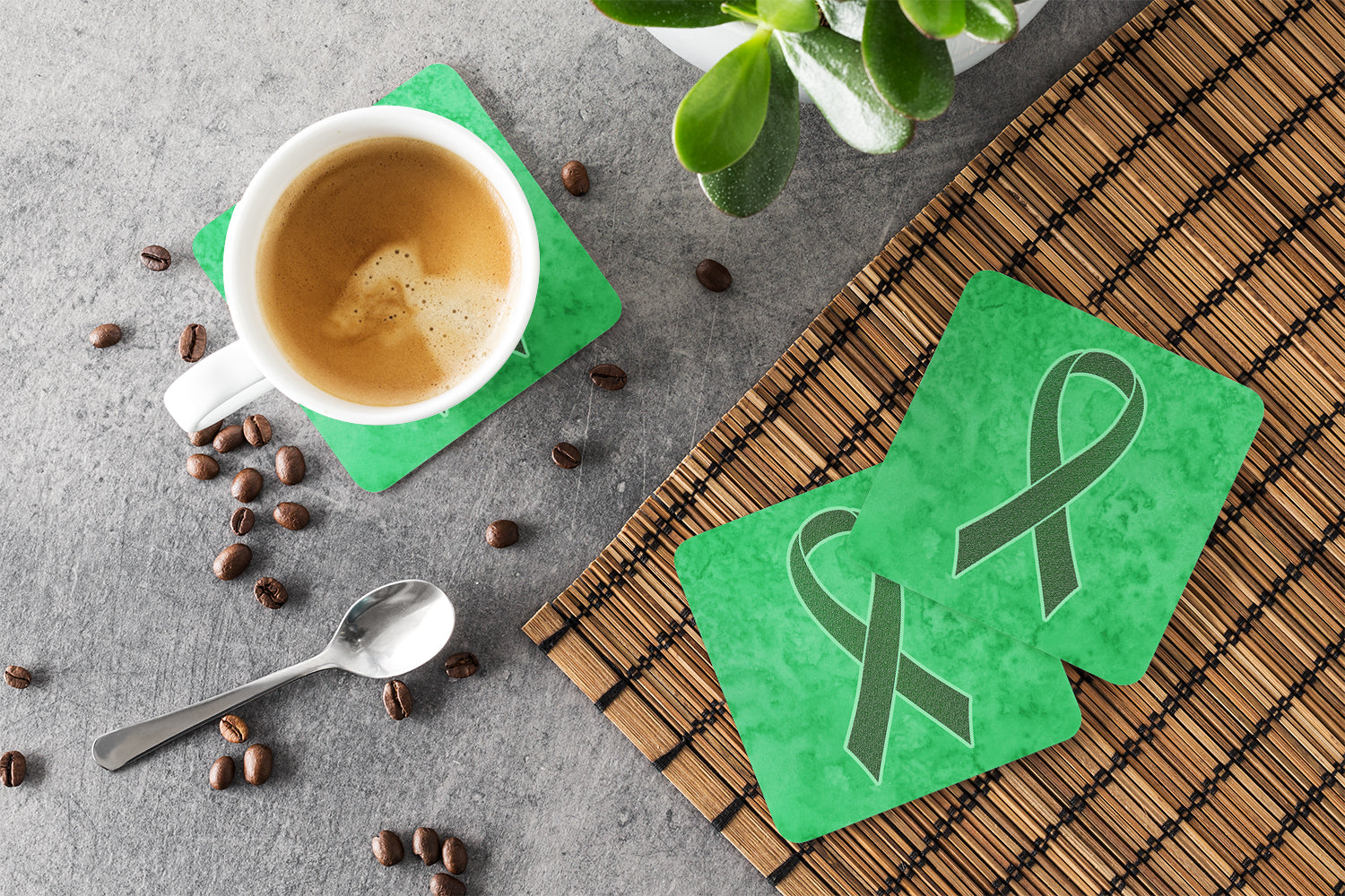Emerald Green Ribbon for Liver Cancer Awareness Foam Coasters Set of 4 Cup Coasters for Indoor Outdoor, Tabletop Protection, Anti Slip, Mouse pad Material