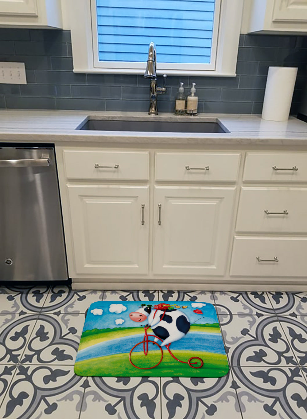 Cow riding Bicycle Memory Foam Kitchen Mat Machine Washable Anti-Fatigue Cushion Comfort Bath or Kitchen Rug
