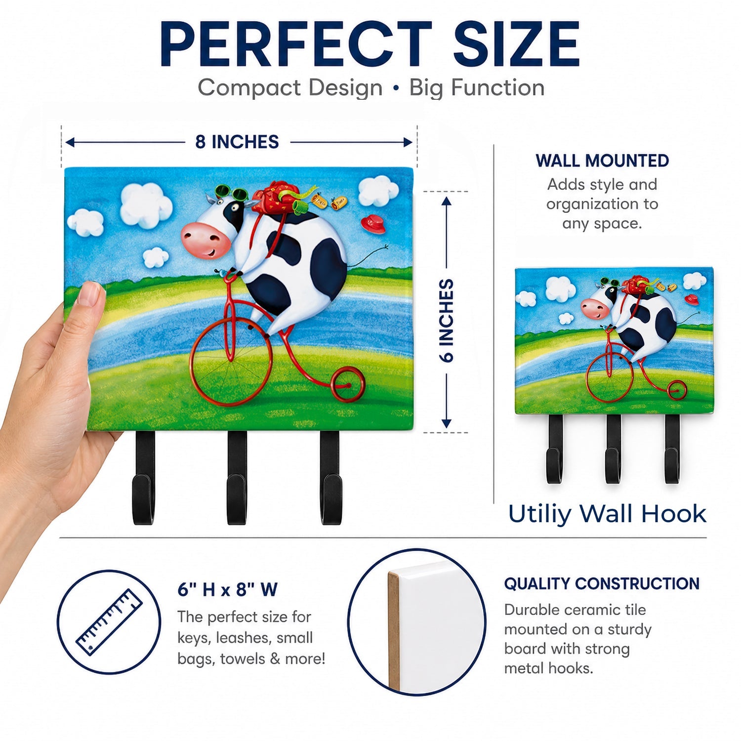 Cow riding Bicycle Leash or Key Holder Wall Hooks, Coat Rack Wall Mount, for Hanging Keys, Towels, Aprons, Leashes