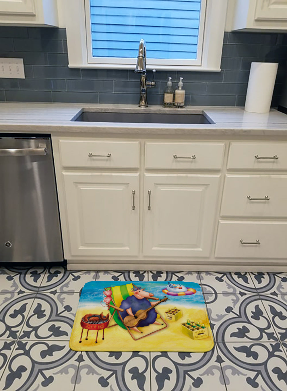 Pig Sunbathing on the Beach Memory Foam Kitchen Mat Machine Washable Anti-Fatigue Cushion Comfort Bath or Kitchen Rug