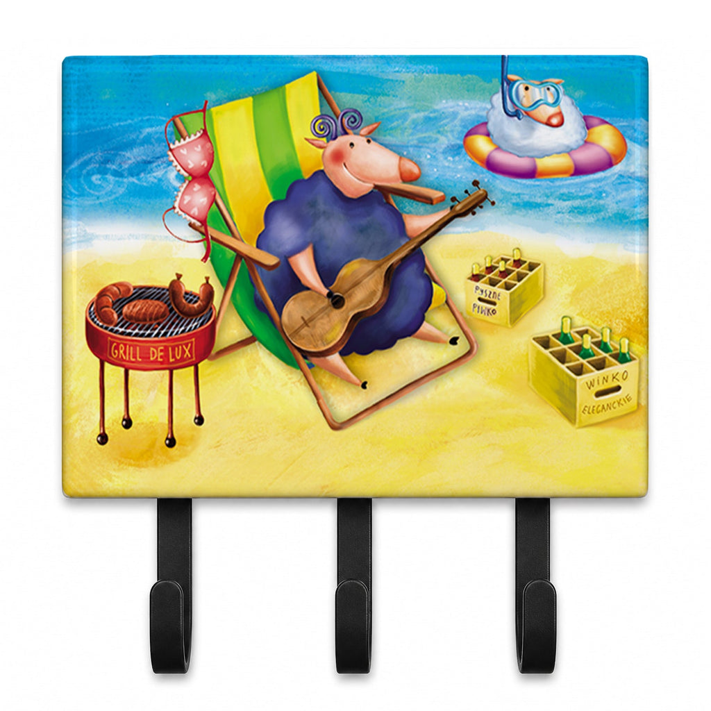 Pig Sunbathing on the Beach Leash or Key Holder Wall Hooks, Coat Rack Wall Mount, for Hanging Keys, Towels, Aprons, Leashes