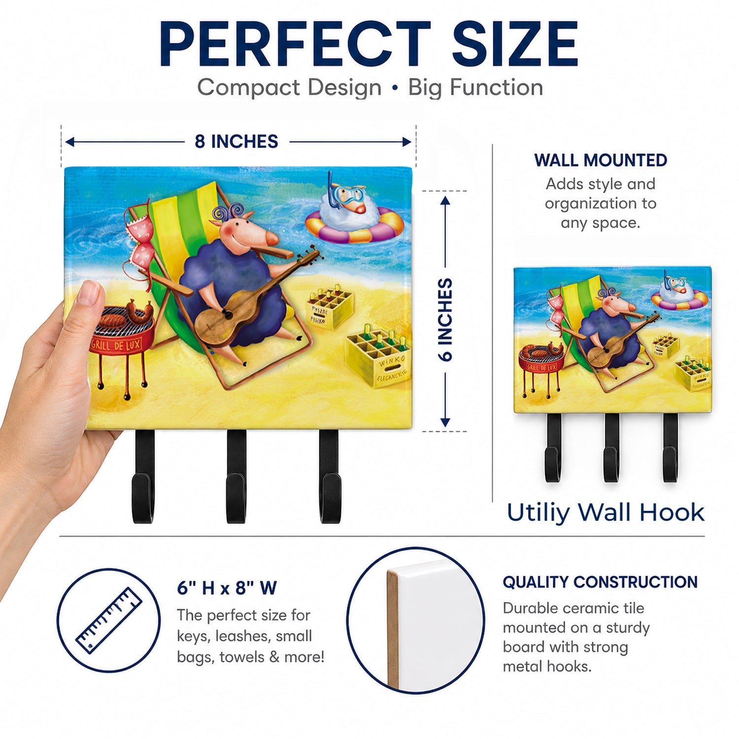 Pig Sunbathing on the Beach Leash or Key Holder Wall Hooks, Coat Rack Wall Mount, for Hanging Keys, Towels, Aprons, Leashes