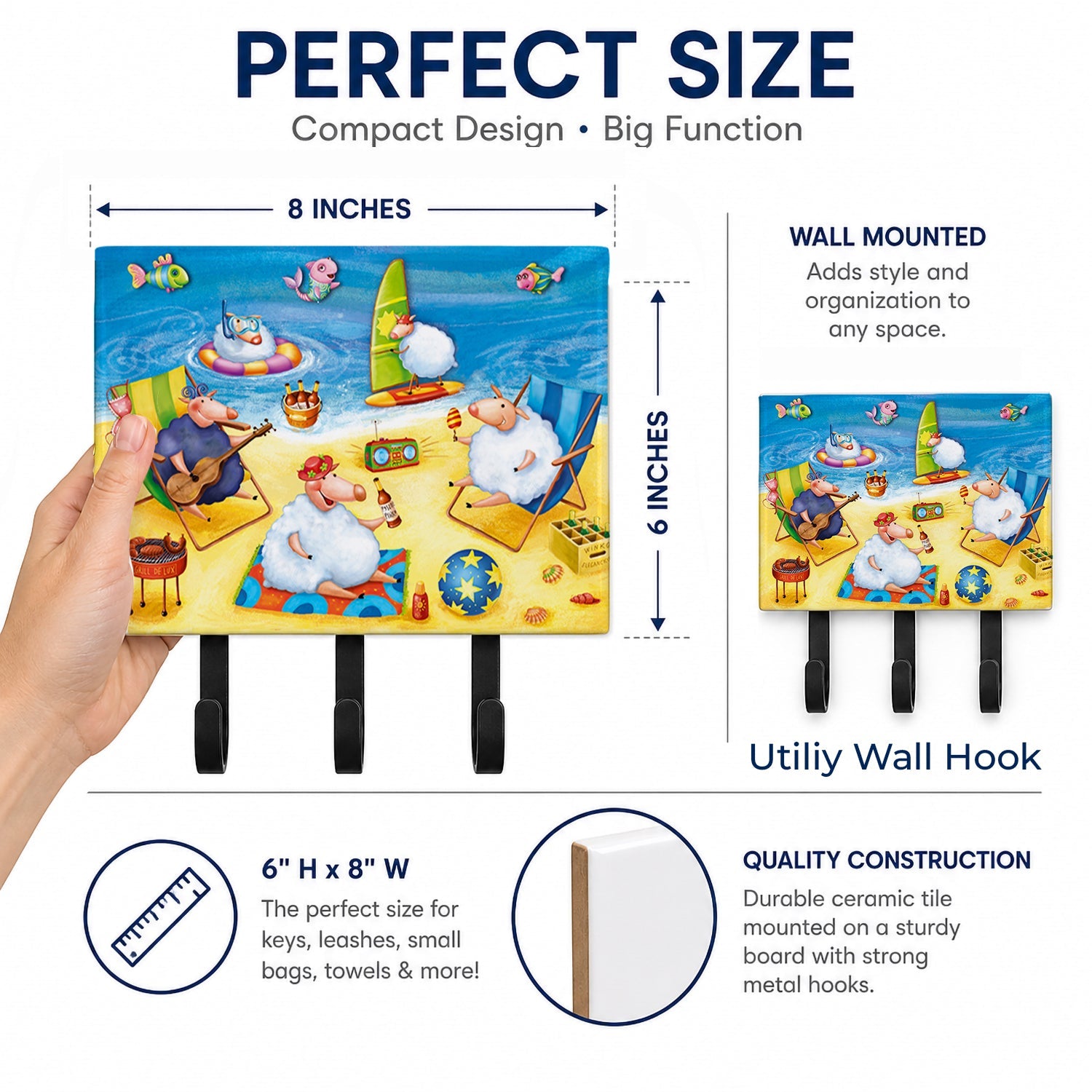 Party Pigs on the Beach Leash or Key Holder Wall Hooks, Coat Rack Wall Mount, for Hanging Keys, Towels, Aprons, Leashes