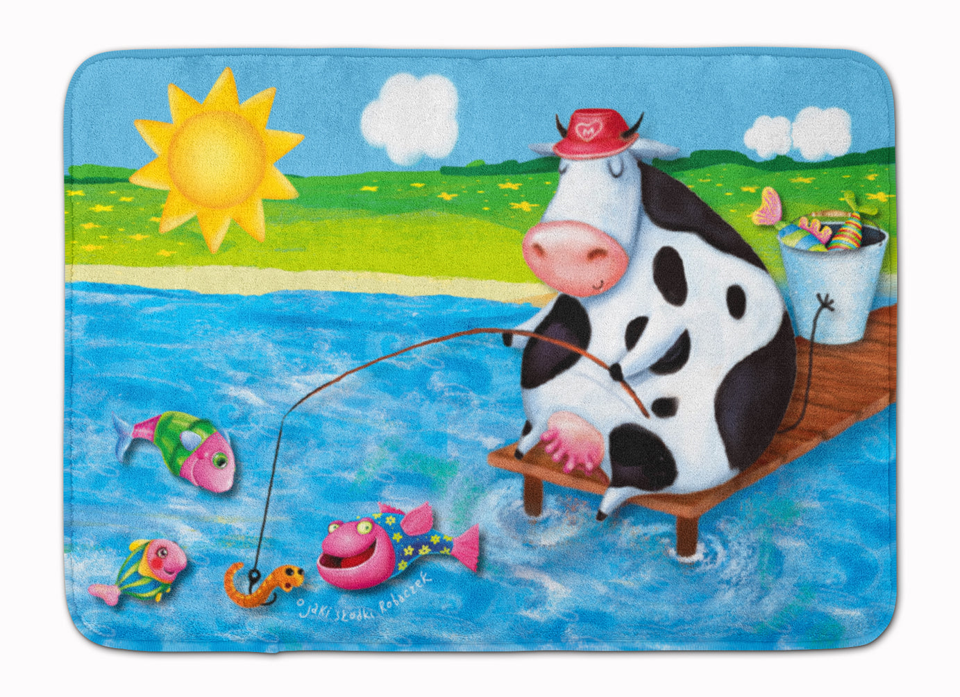 Cow Fishing off of a Pier Memory Foam Kitchen Mat Machine Washable Anti-Fatigue Cushion Comfort Bath or Kitchen Rug