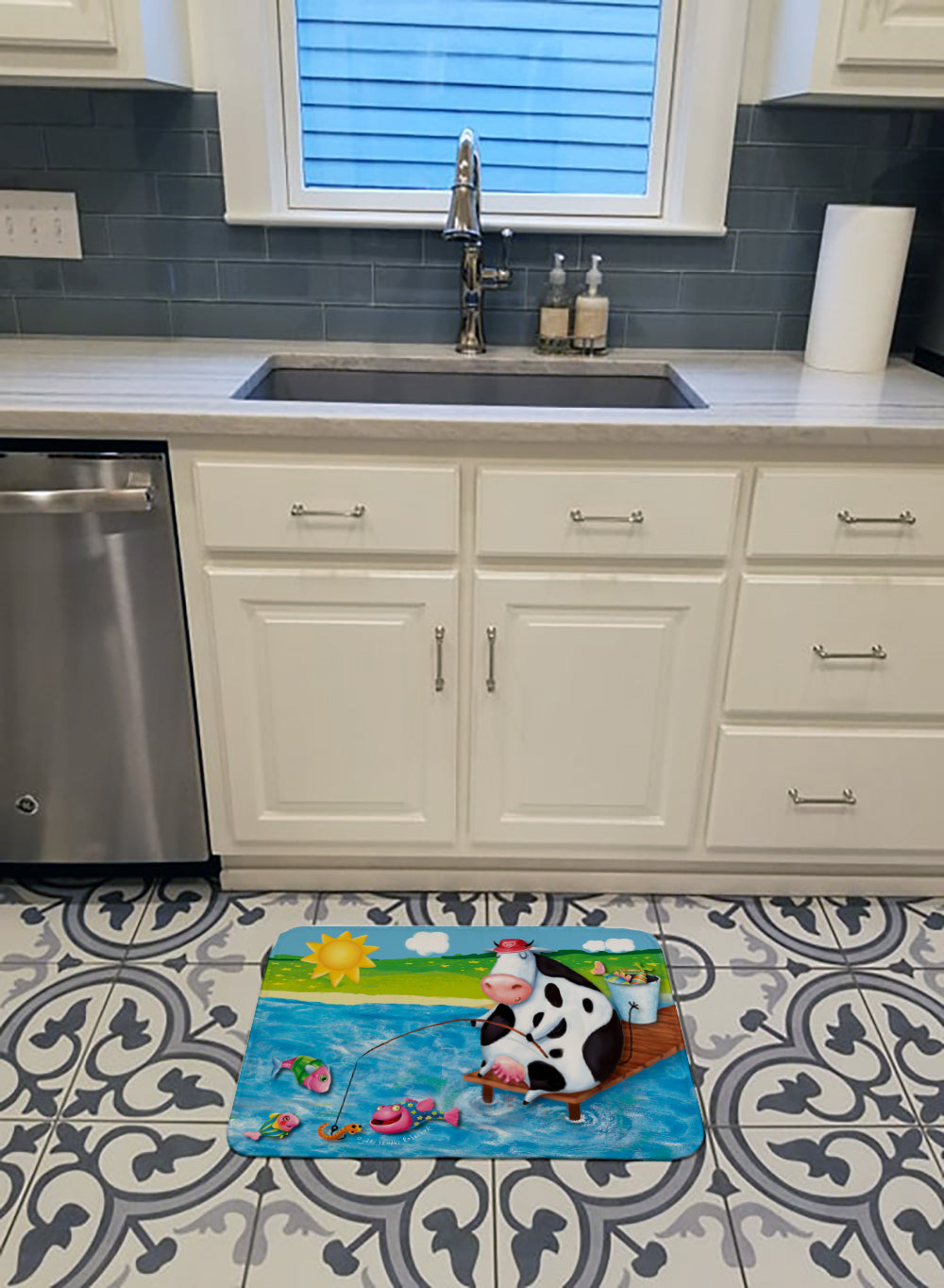 Cow Fishing off of a Pier Memory Foam Kitchen Mat Machine Washable Anti-Fatigue Cushion Comfort Bath or Kitchen Rug