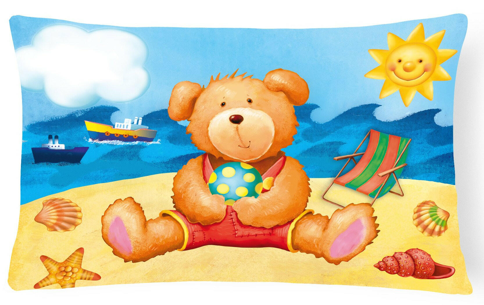 Teddy Bear on the Beach Decorative Throw Pillow 12x16 Indoor Outdoor Accent Cushion, Fabric Cover with Insert for Sofa, Bed, Porch & Living Room