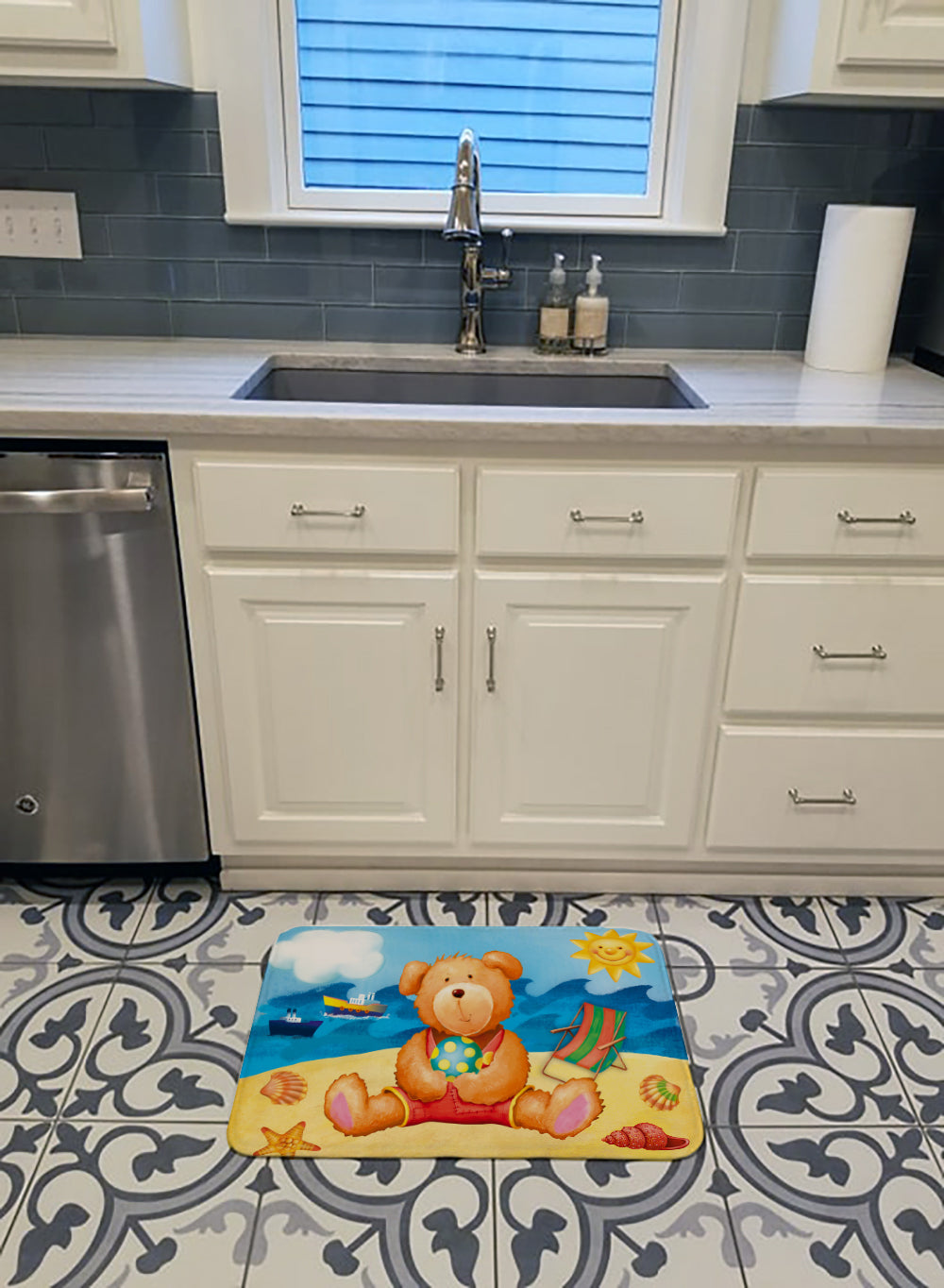 Teddy Bear on the Beach Memory Foam Kitchen Mat Machine Washable Anti-Fatigue Cushion Comfort Bath or Kitchen Rug
