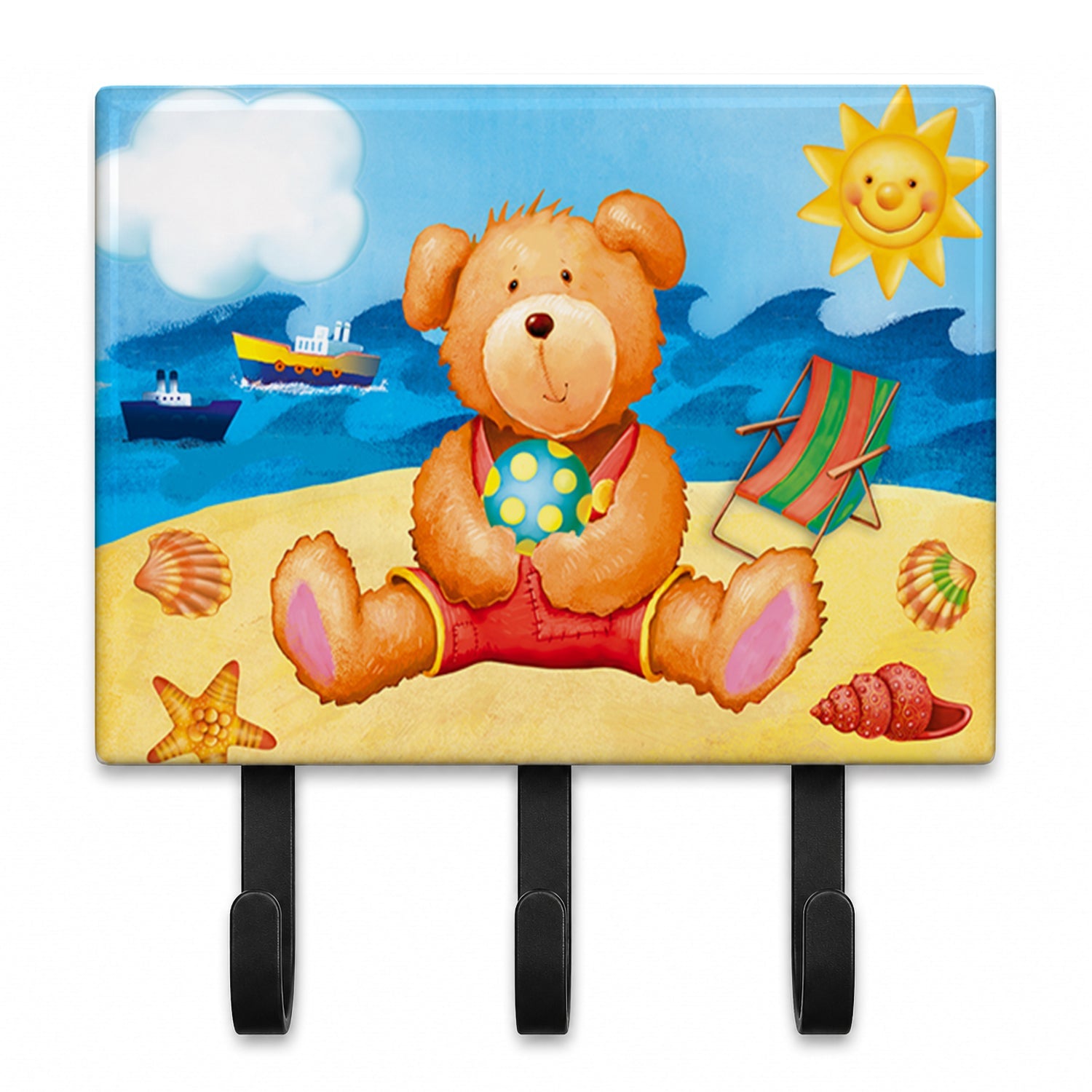 Teddy Bear on the Beach Leash or Key Holder Wall Hooks, Coat Rack Wall Mount, for Hanging Keys, Towels, Aprons, Leashes
