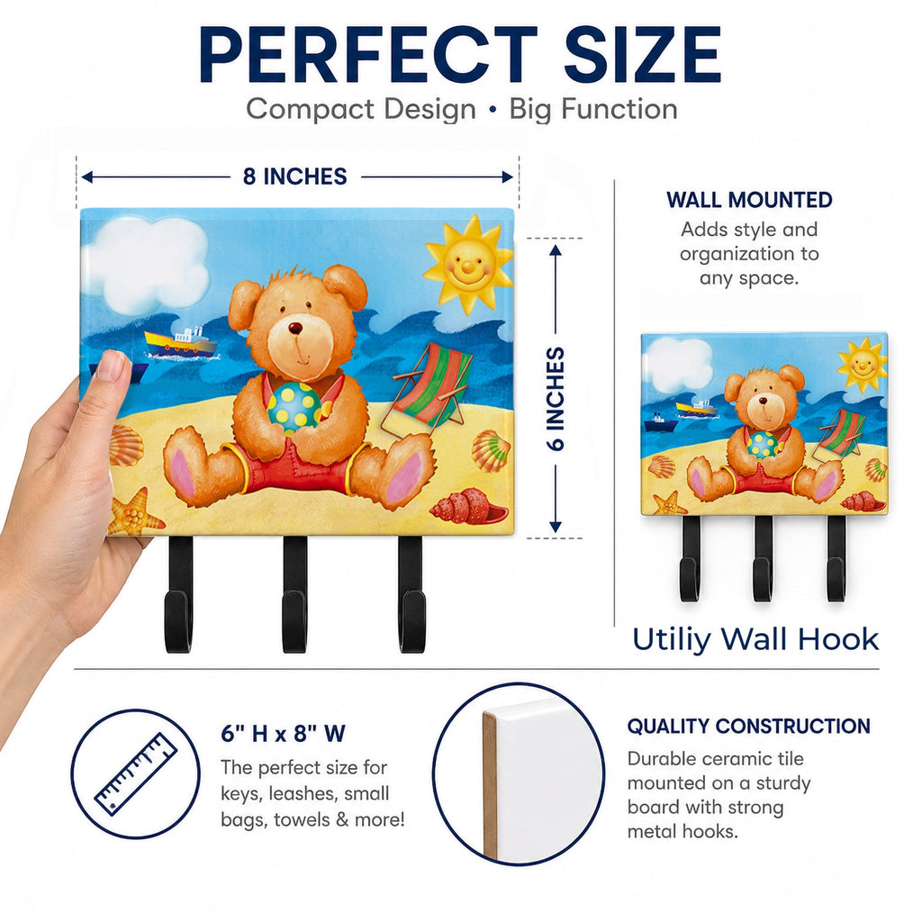 Teddy Bear on the Beach Leash or Key Holder Wall Hooks, Coat Rack Wall Mount, for Hanging Keys, Towels, Aprons, Leashes